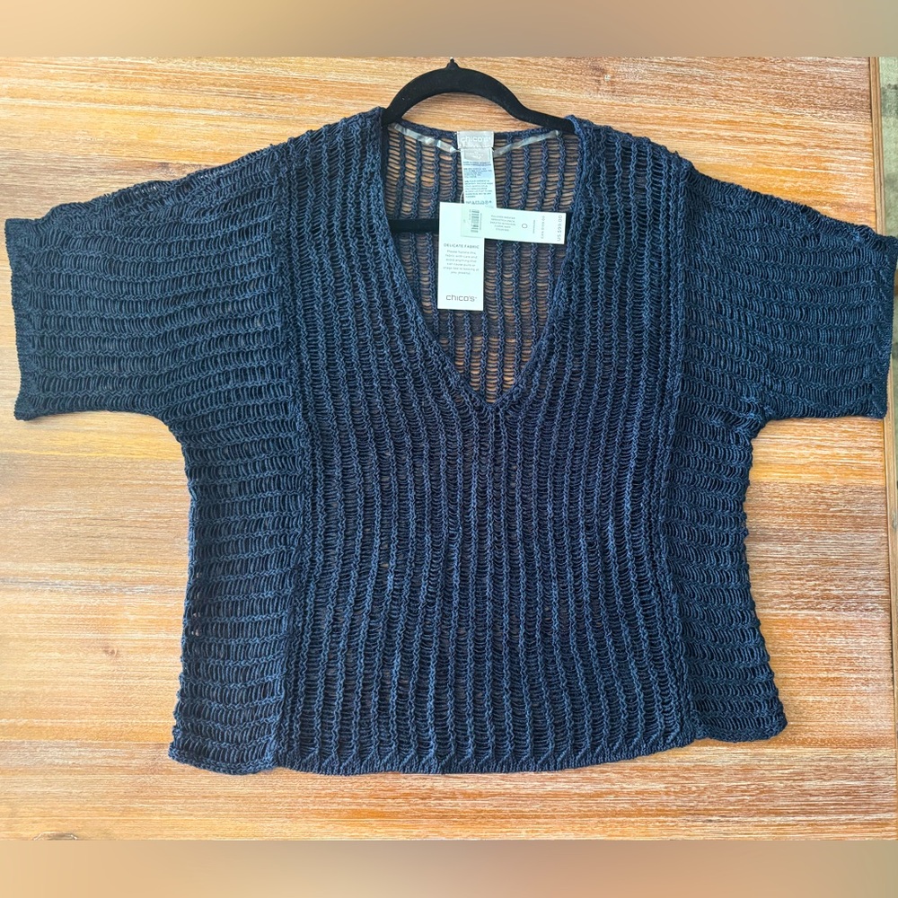 Chicos Navy open weave Knit V-Neck Sweater